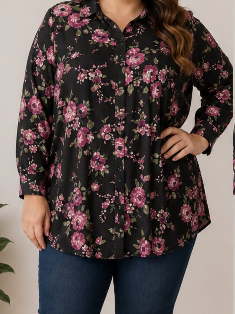 Roaman's 32W Black Floral Button Up Blouse Plus Size Cottagecore Rose Shirt Top
